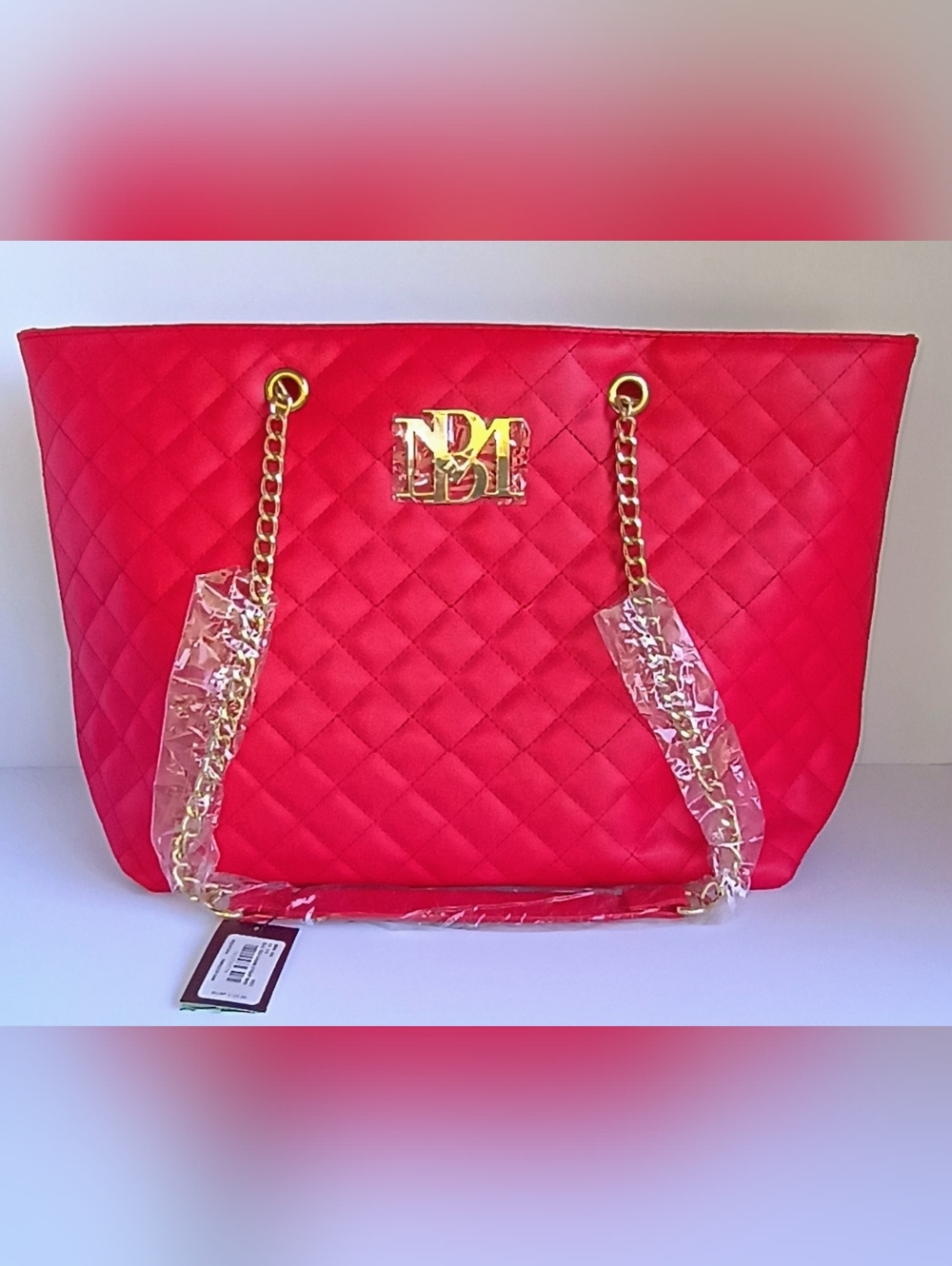 Badgley Mischka Red Quilted Tote Bag Gold Chain Strap Large Vegan Leather NWT
